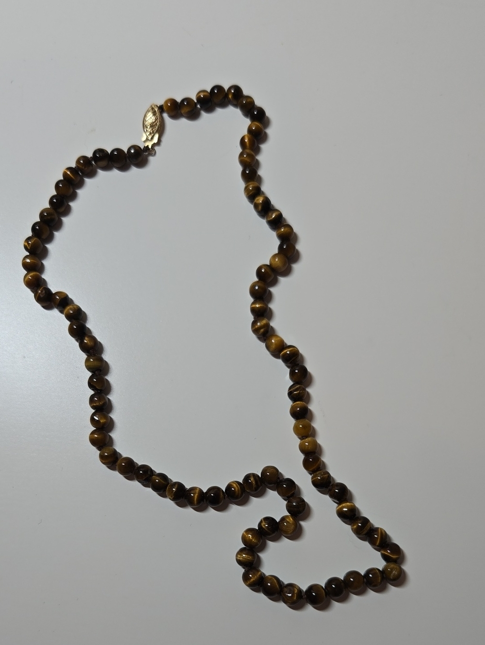 16" Tiger Eye Beaded Necklace - Brown Gemstone Strand with 14k clasp